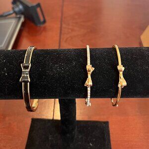 Kate Spade Set of 3 Bangle Bracelets Ribbon and Bow knot Black & Gold Tone CZ